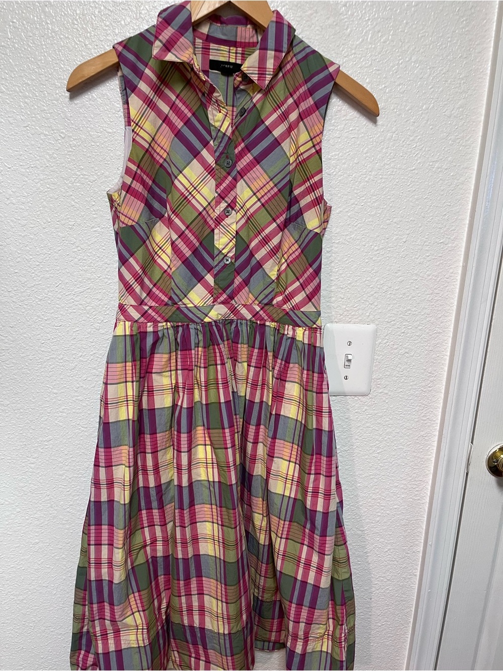 J. Crew Midi Dress Sz 0 Madras Plaid Sleeveless Lined Pink Green Cream Retro